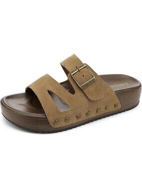 Women's Slides Platform C Caramel Genuine Leather Arch Support Buckle Sandals